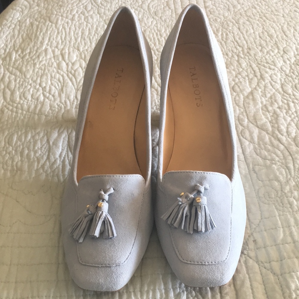 Talbots pale blue suede loafers 3” stacked heel 9M